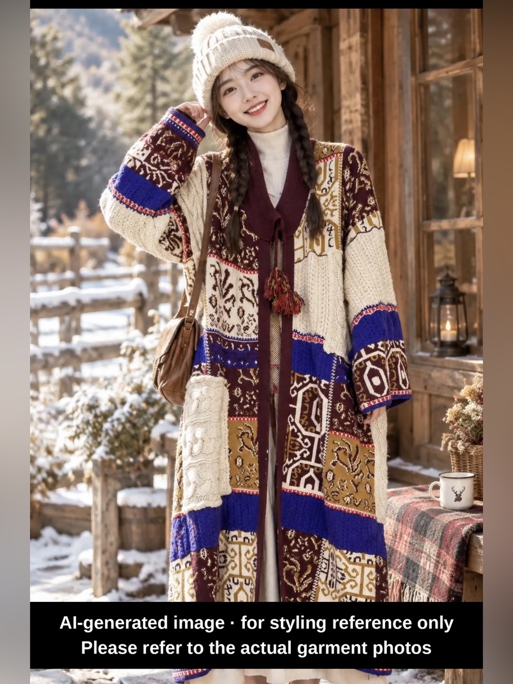 Zara Patchwork Knit Duster Coatigan in Burgundy, Royal Blue & Cream